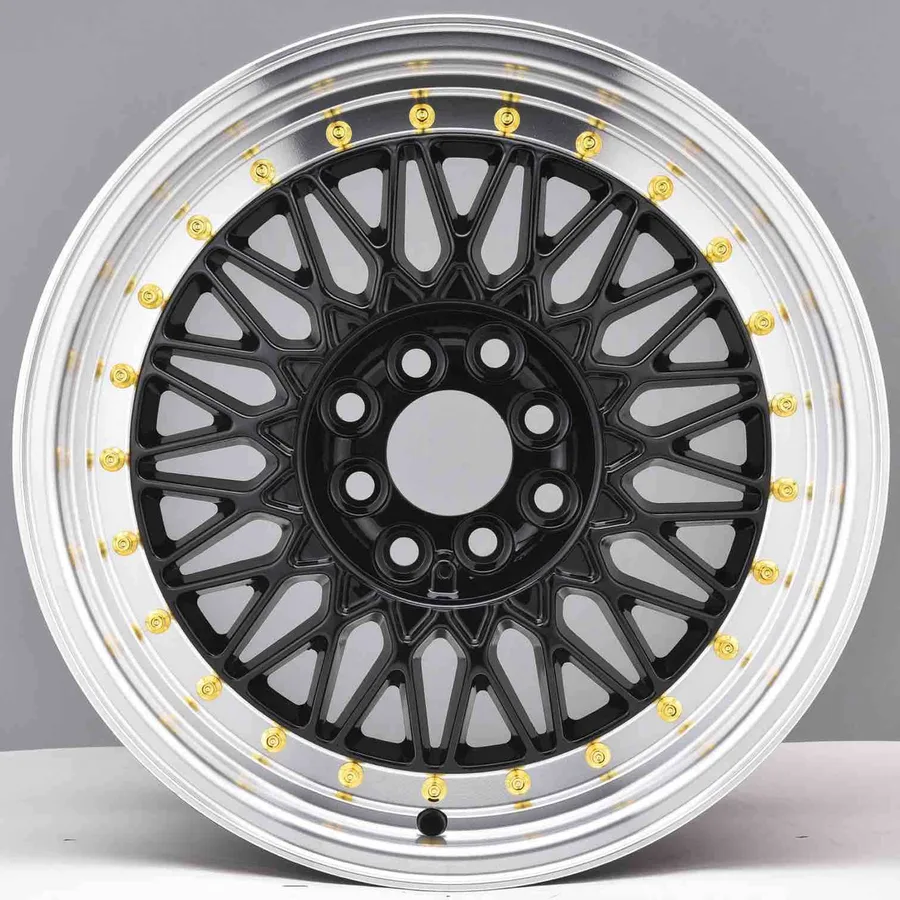 REW032 alloy wheel rim – Gloss Black Machined Lip + Gold Rivets